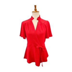 Red v-neck short sleeve pullover top with flared waist peplum and tie accent, L